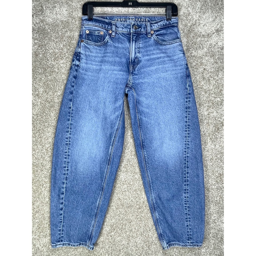 American Eagle Mid Rise Barrel Jeans Womens 28 Blue Streetwear Stretch Baggy Y2K
